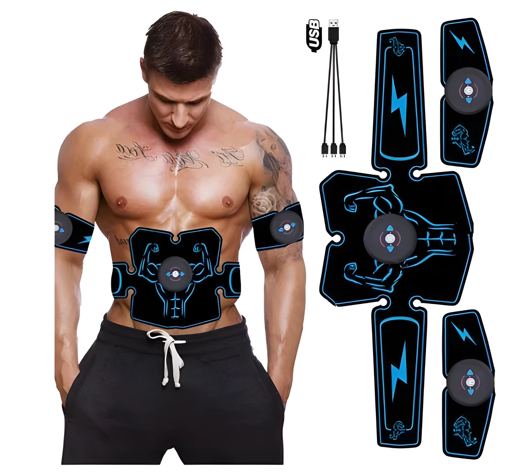 USB rechargeable EMS abdominal muscle stimulator with belt and arm pads on a home gym floor