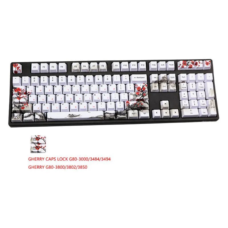 PBT Wangjiang plum blossom design keycap set for mechanical keyboards, showing Korean and Japanese legends.