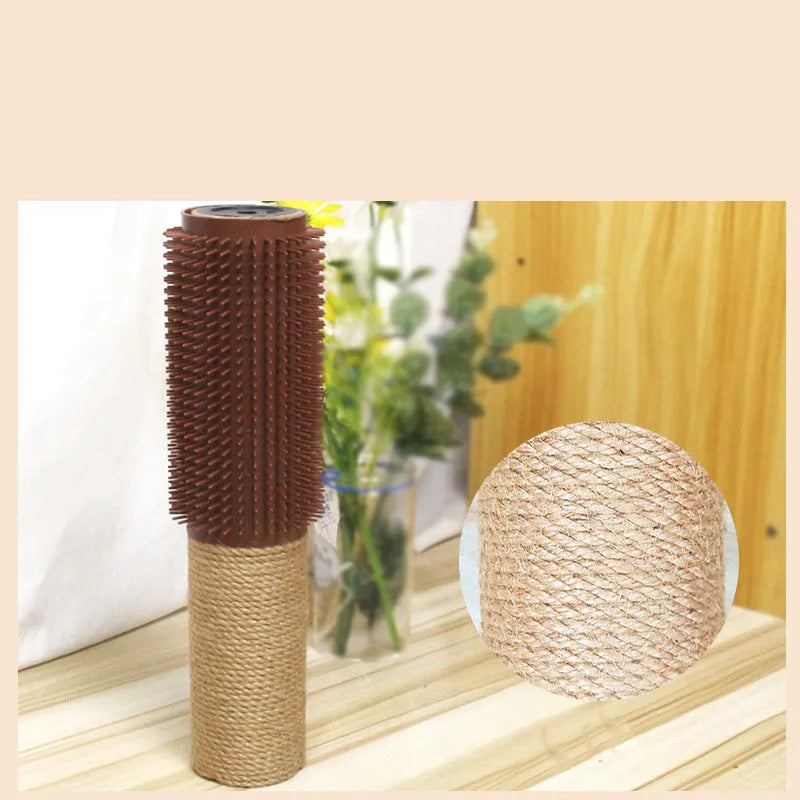 Brown sisal scratching post with face-rubbing device for cats, 30cm tall