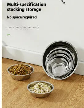 Stainless steel pet bowl for cats and dogs, shown in five different diameter sizes on a plain background.