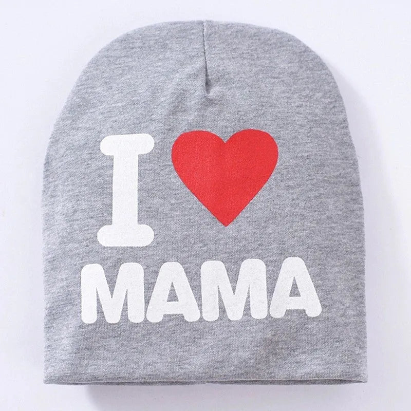 Cotton baby hat with Love Mama embroidery in grey colour for infant autumn winter wear