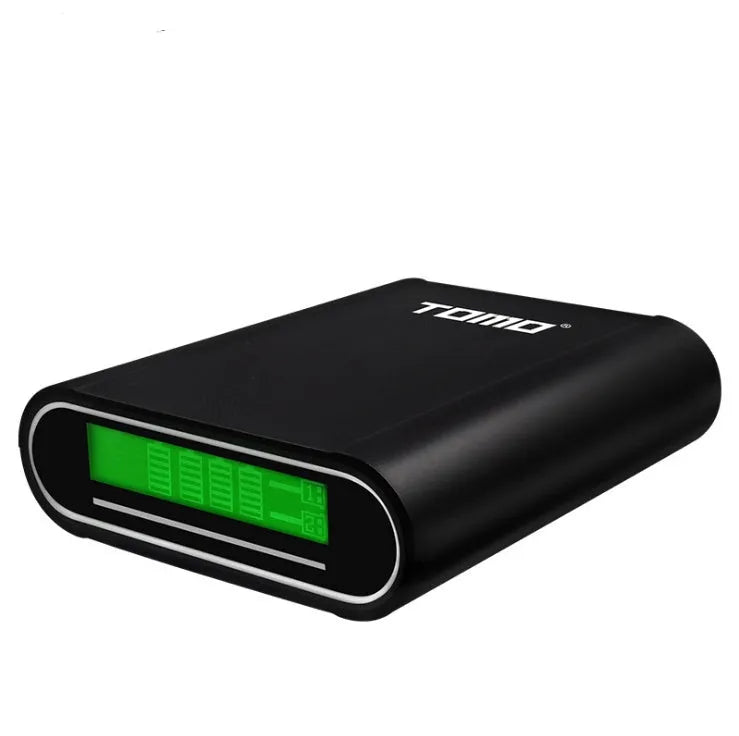 Black DIY mobile power box with LCD screen showing battery levels and dual USB ports.