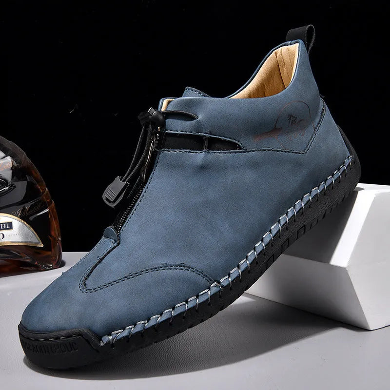 Men's casual leather shoes with mid-heel, round pointed toe, and reinforced leather upper