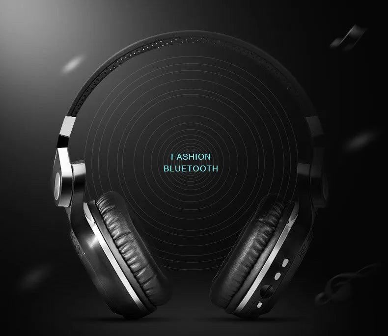 A black Bluetooth headset with over-ear design and a card plug-in cable on a white background.