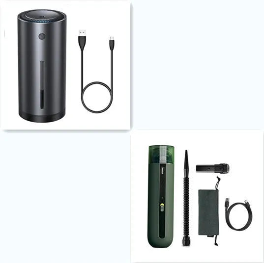 Baseus handheld cordless car vacuum cleaner with blowing hose, shown in black next to its 60ml dust cup.