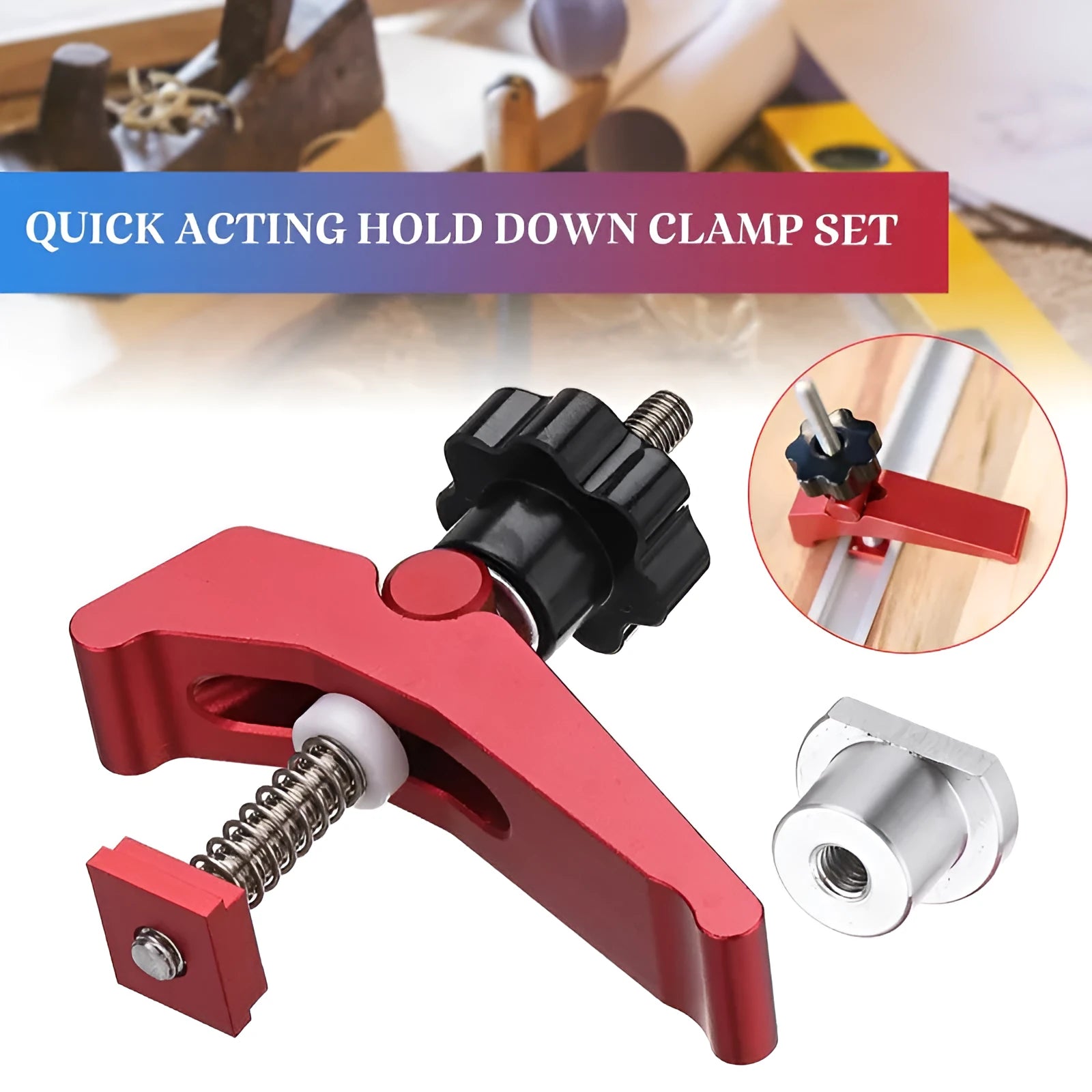 Red aluminium alloy woodworking table block slide holder with flat mouth clamp jaws