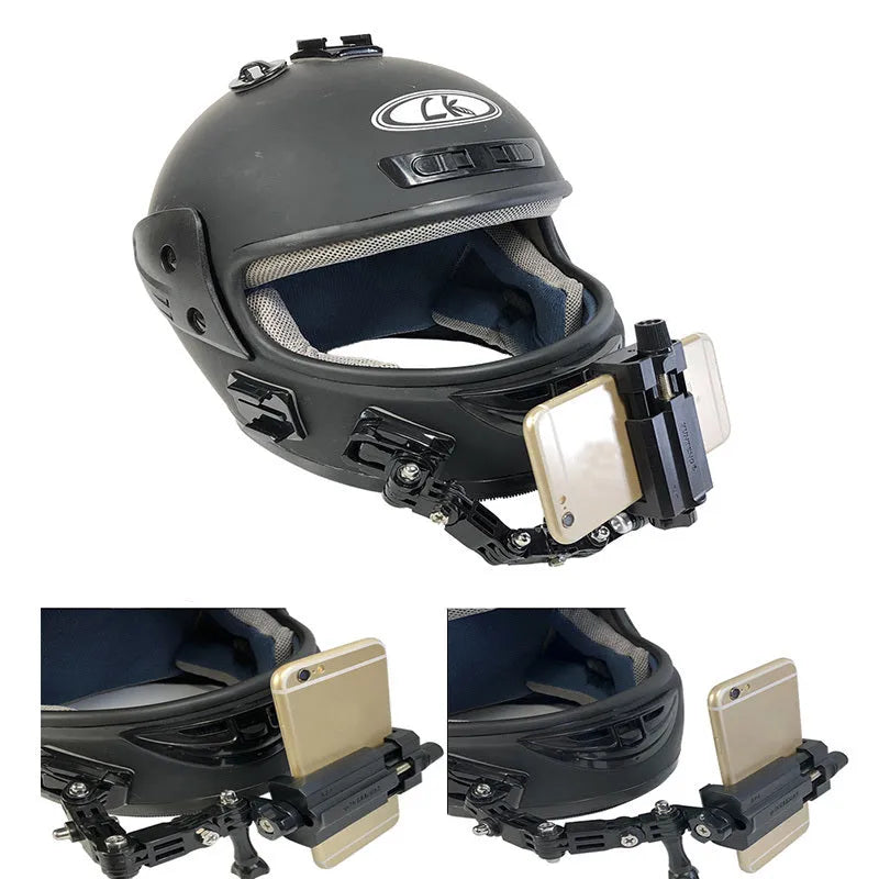 Black camera bracket mounted on a motorcycle helmet, made of ABS and stainless steel