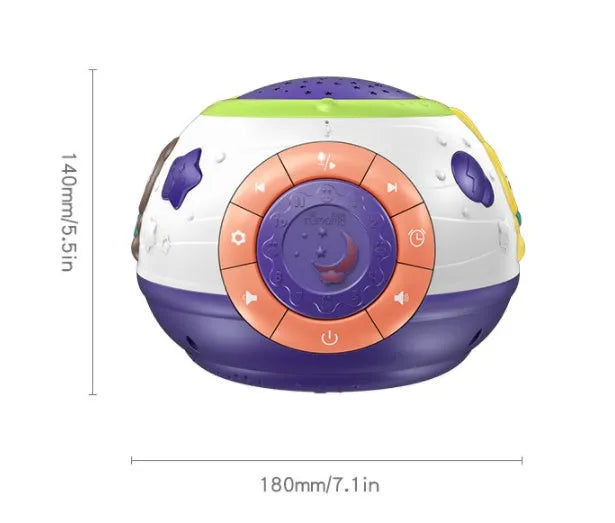 White plastic starry sky night light projector for children with control button on top.