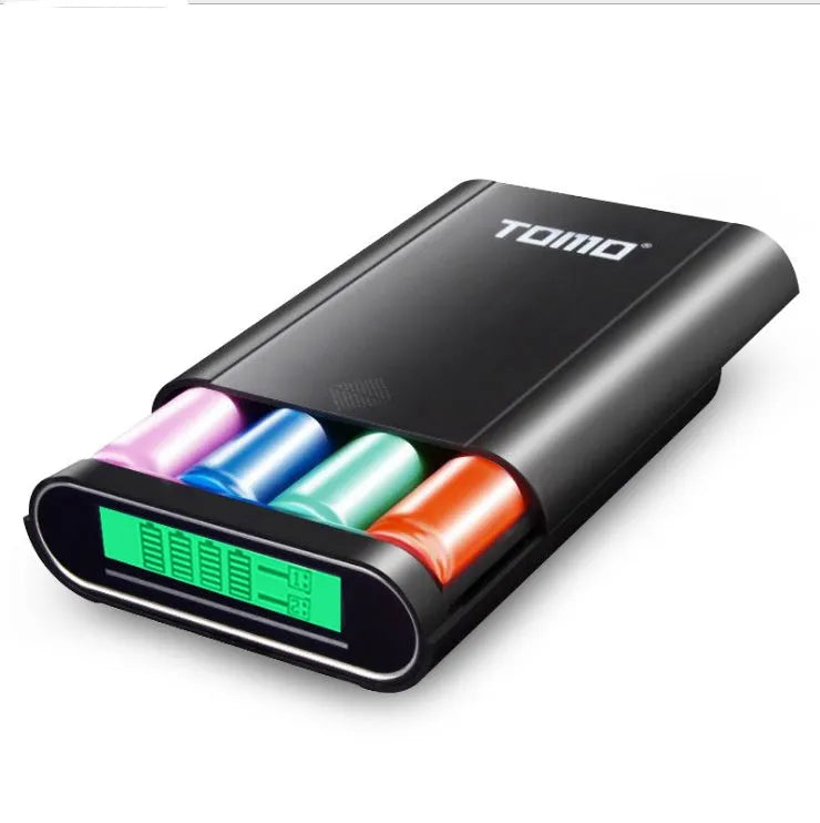 Black DIY mobile power box with LCD screen showing battery levels and dual USB ports.