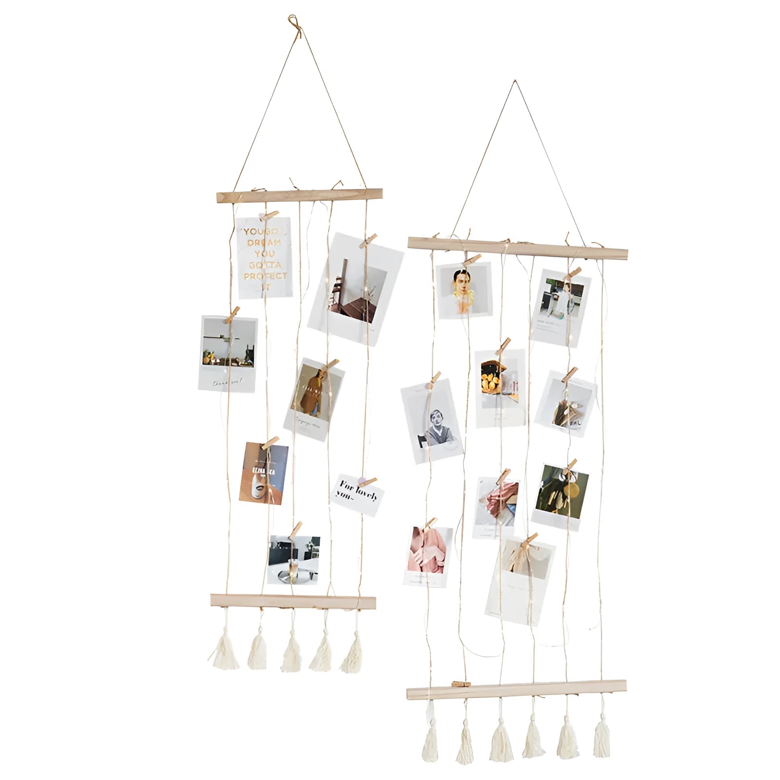 Wooden wall hanging photo display with hemp rope tassels and clips in three size options