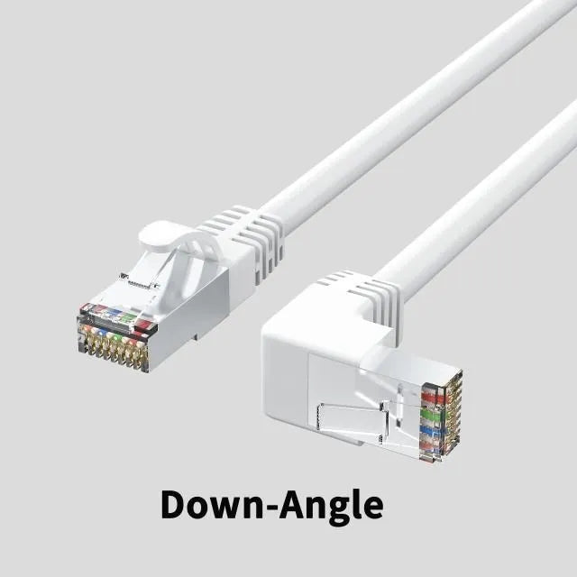 Black Cat6 Ethernet cable with right-angle metal RJ45 connector showing different orientation options