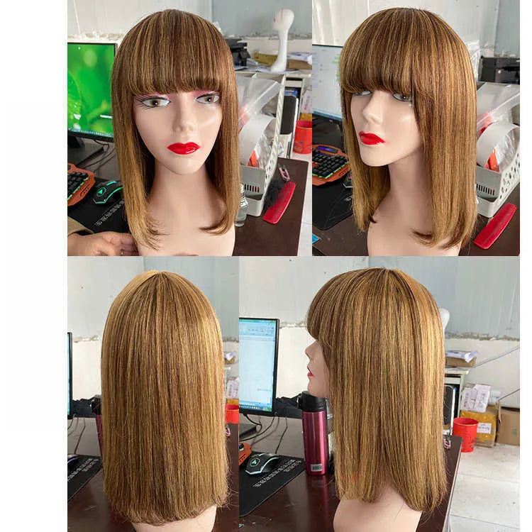 Women's real hair short wig with bangs mechanism in straight style colour P4/27