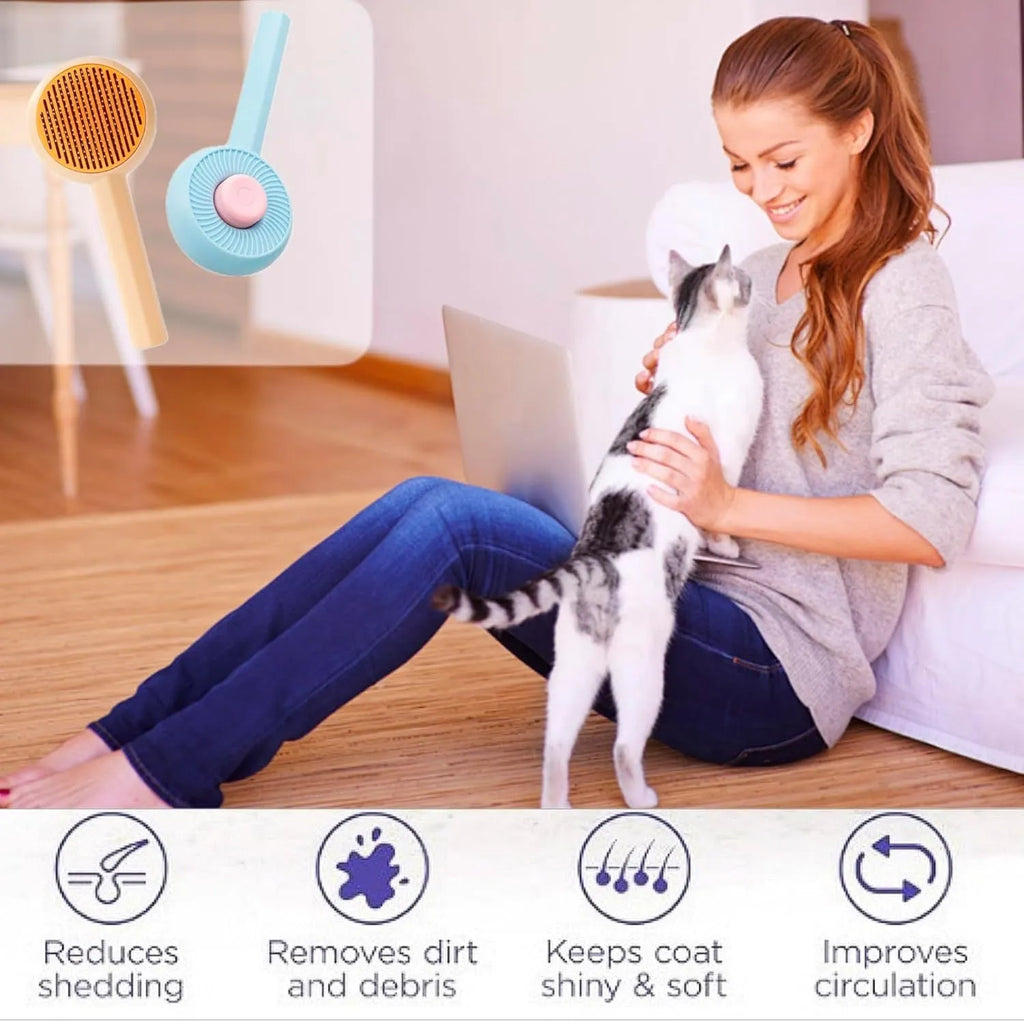Blue pet grooming brush with angled bristles and self-cleaning button for cats and dogs