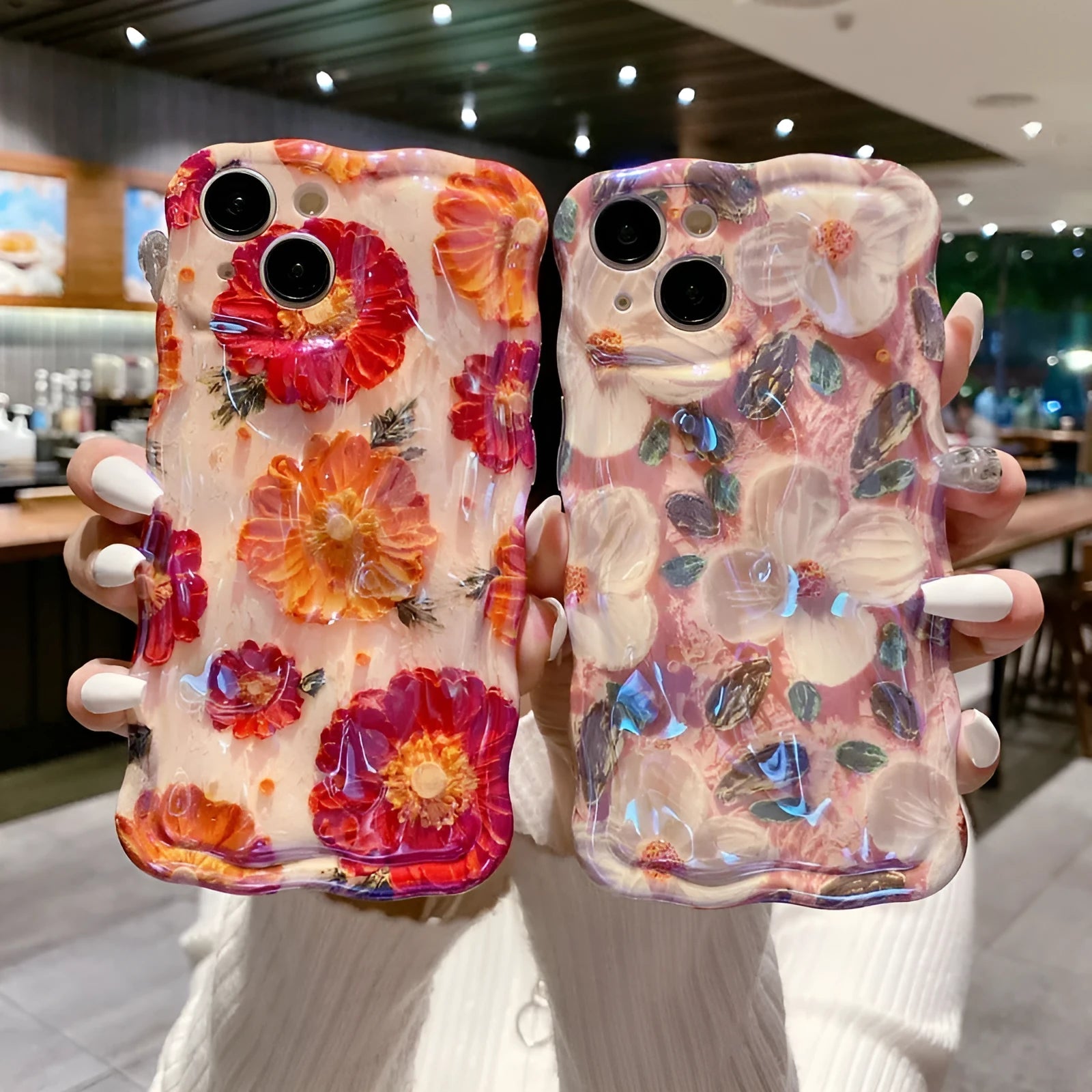 Silicone phone case for Apple iPhone 13 Pro Max with embossed art oil painting flower design in blue light meteorite pattern twisted border