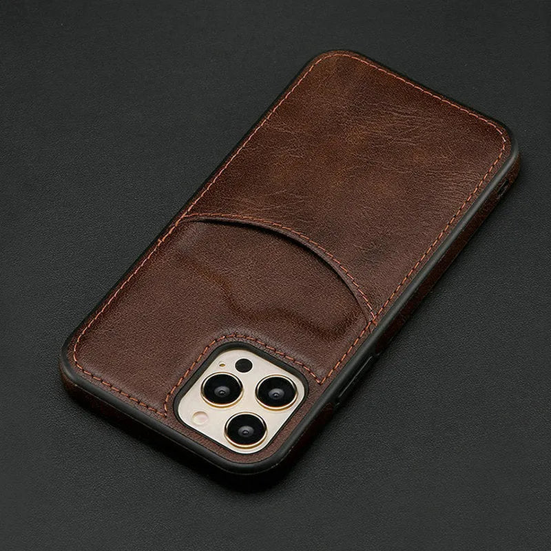 Dark blue PU leather protective case for an iPhone, showing precise model fit.