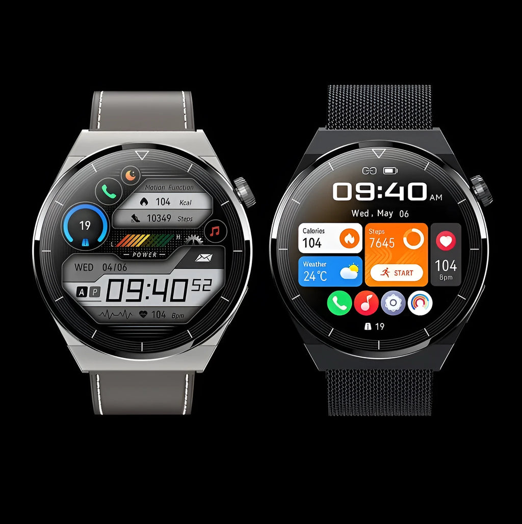 Black smart watch with round touchscreen on a silicone strap, showing call and NFC icons.