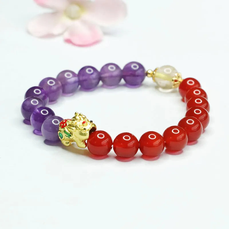 Women's bracelet with purple amethyst and red agate beads in a Chinese style, 8mm bead size.
