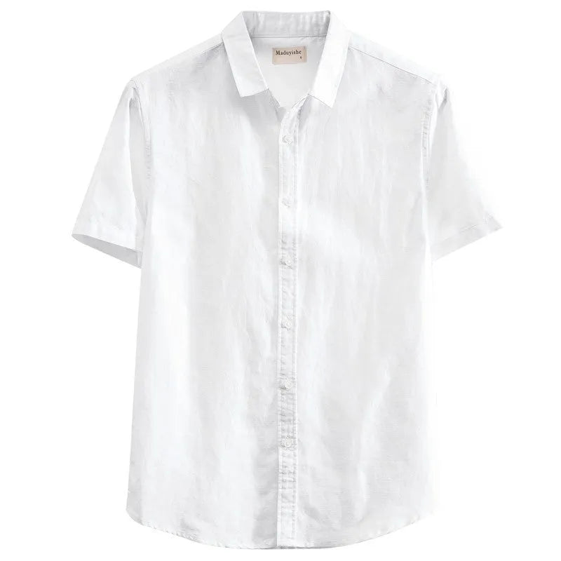 Men's square collar short sleeve shirt in linen blend fabric showing loose cardigan fit