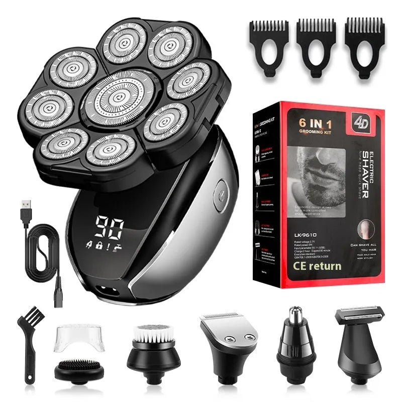Black rechargeable 6-in-1 multifunctional hair clippers shaver kit with attachments displayed