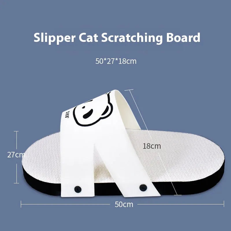 White slipper-style corrugated cardboard cat scratch board on a floor.