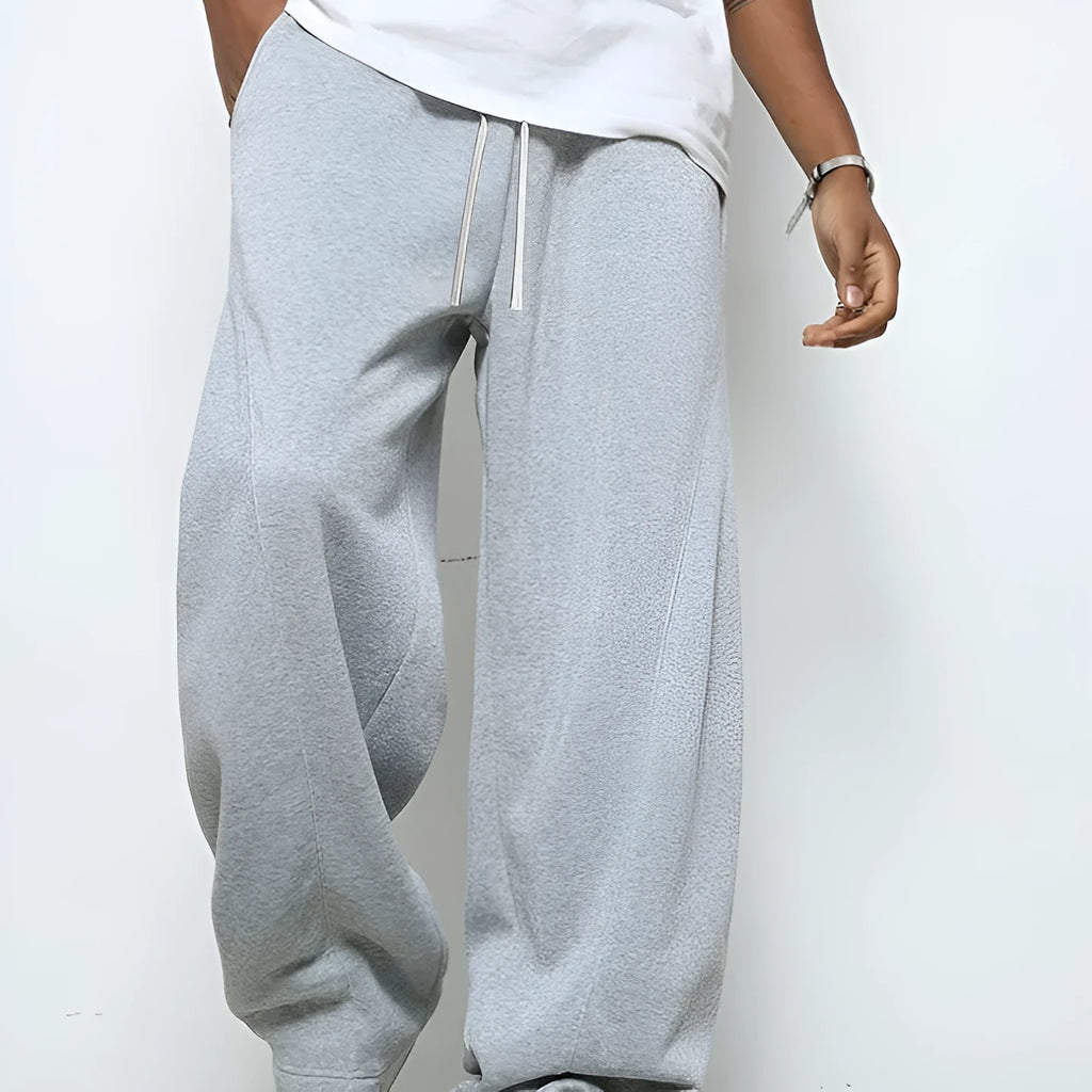 Men's casual straight leg polyester trousers with elastic drawstring waist in solid colours