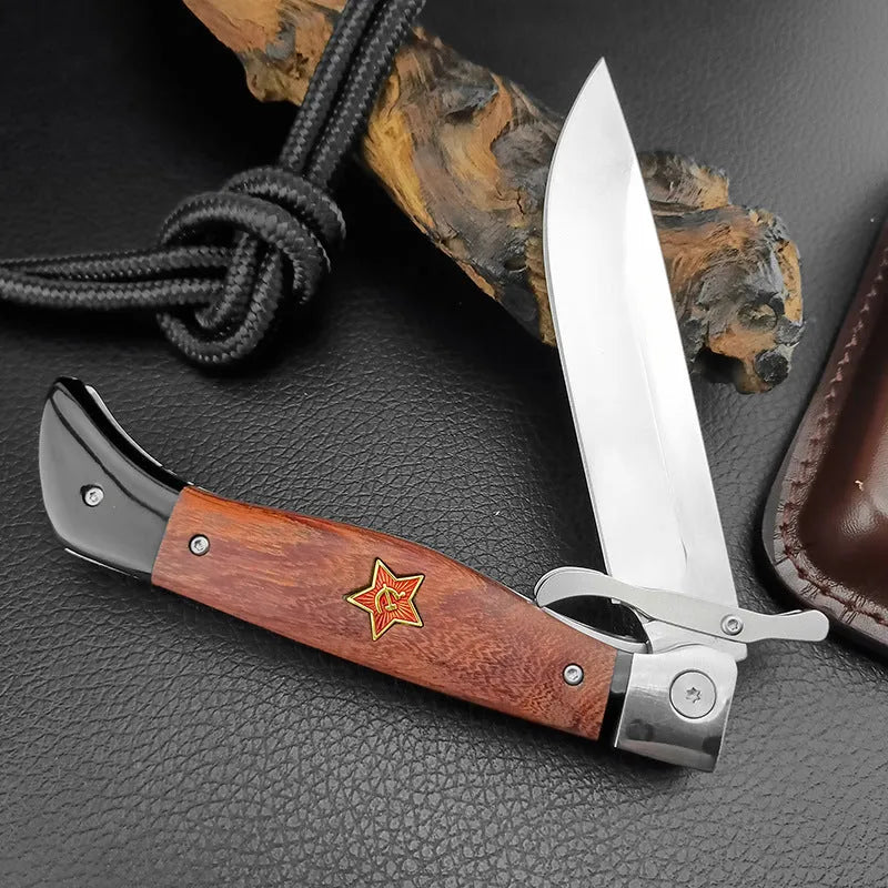 Multi-function folding knife with 440C blade and sandal wood handle on cowhide sheath
