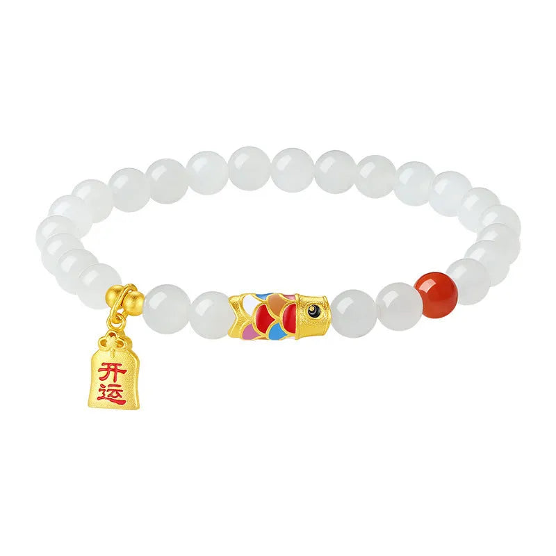 S925 sterling silver bracelet with koi fish design, cold enamel details, and natural Hetian jade.
