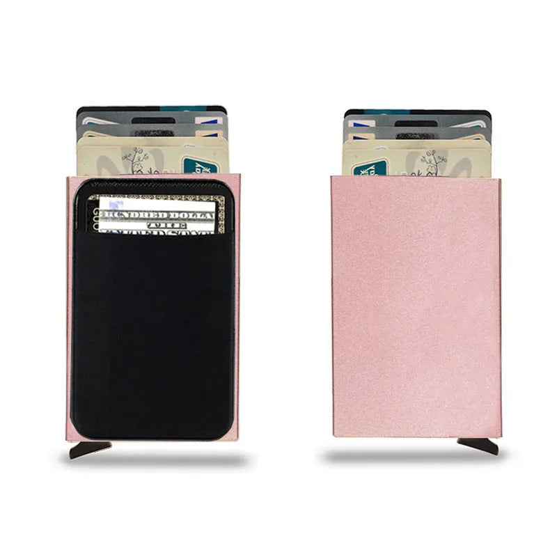 Frosted aluminium alloy credit card holder in multiple colours, showing slim profile.