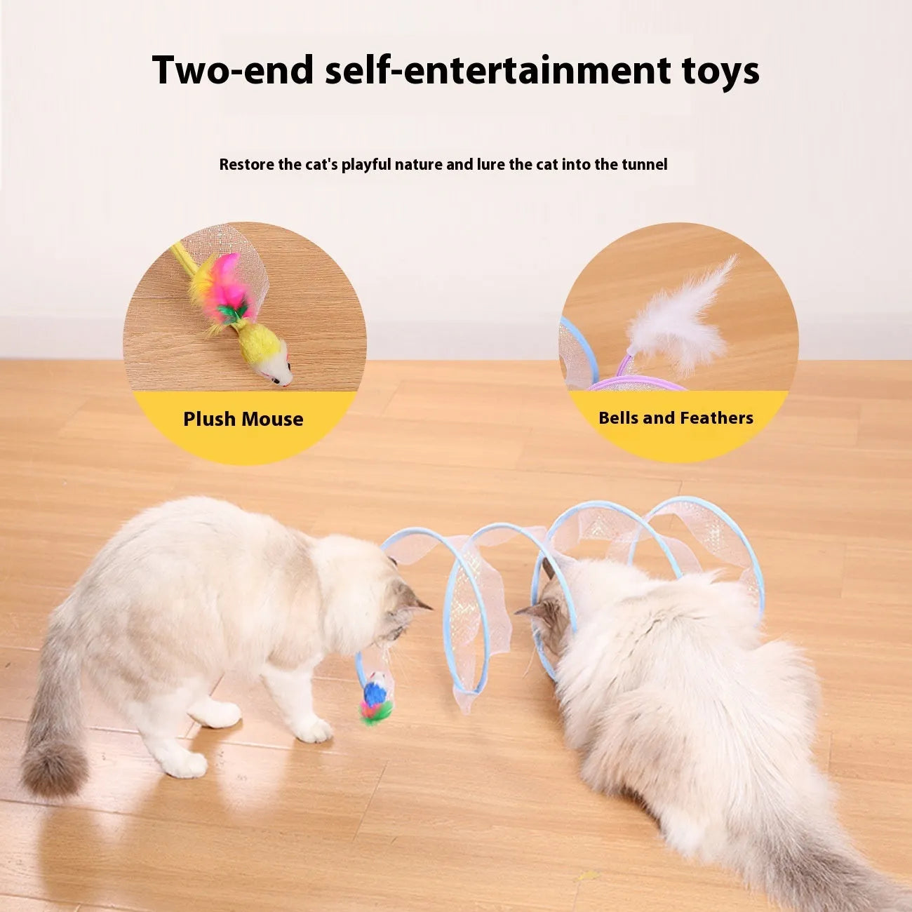 S-type cat tunnel toy with steel wire frame, elastic net mesh walls and feather attachments