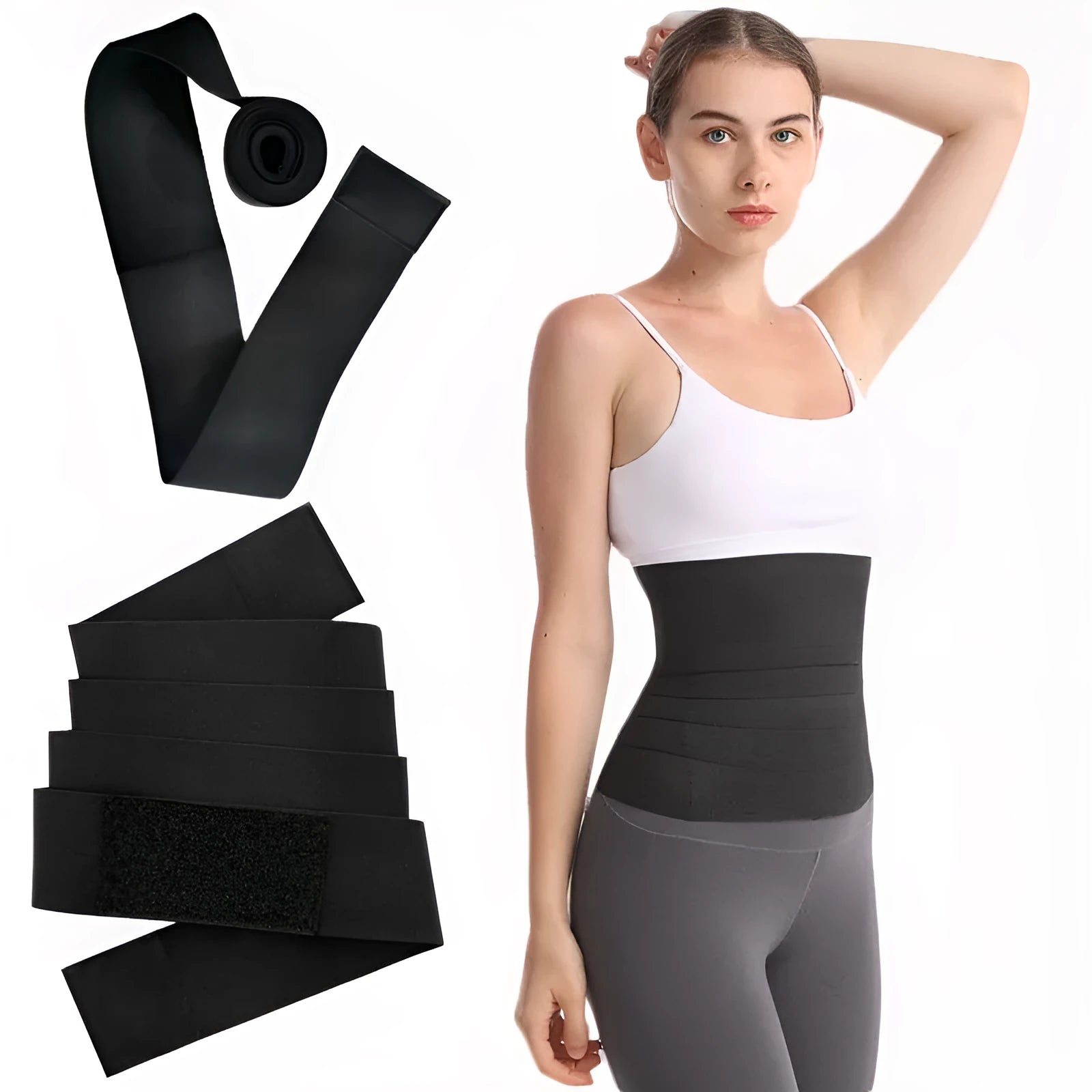 Women's black waist trainer exercise restraint belt showing its 10cm width and long length.