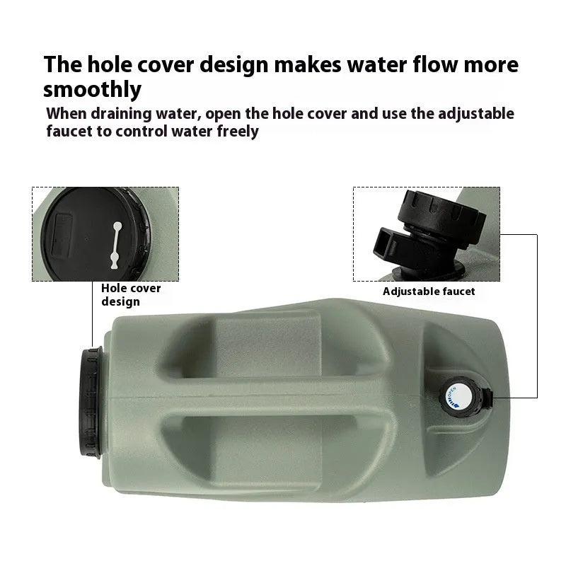 Green collapsible camping water storage tank shown in 13-litre snail and 18-litre backpack styles