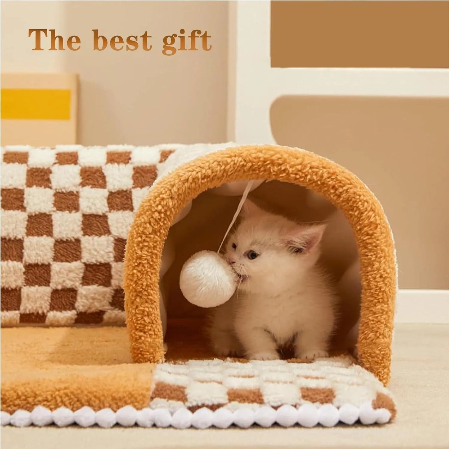 Brown and yellow plaid plush cat tunnel bed with central mat and non-slip bottom.