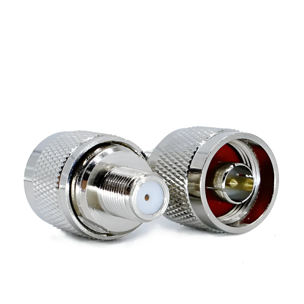 Silver metal RF coaxial F head converter for TV aerial, satellite, and antenna connections, 3x1.8cm
