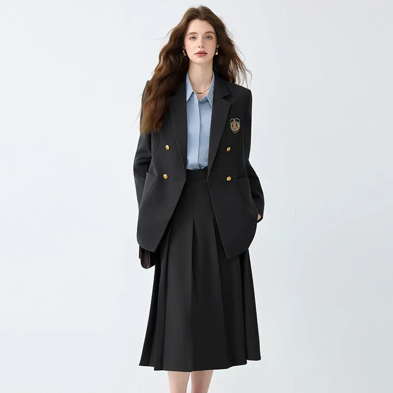 Women's black casual blazer set with long sleeves, solid colour polyester fabric, and matching trousers