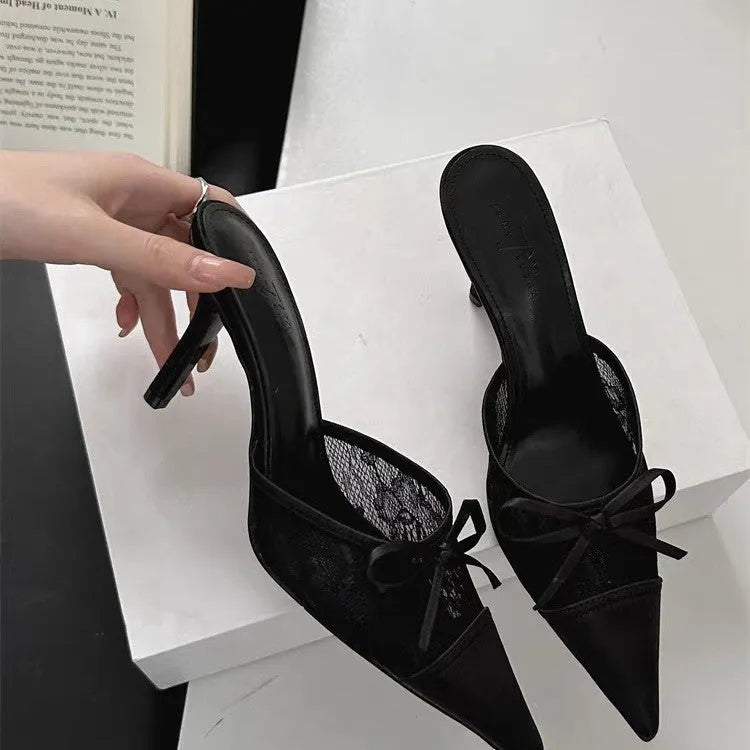 Women's light brown lace-up pointed toe high heels with a bowknot detail on the mesh upper.