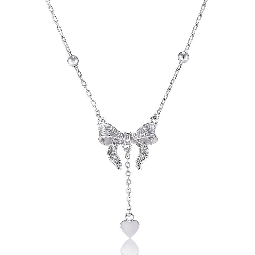 S925 silver butterfly heart clavicle chain necklace with adjustable O-ring chain and bow detailing
