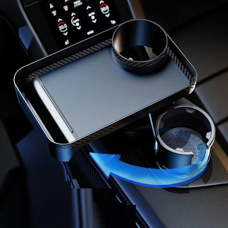 Black ABS plastic car-mounted rotating dinner tray holder with an integrated cup holder.