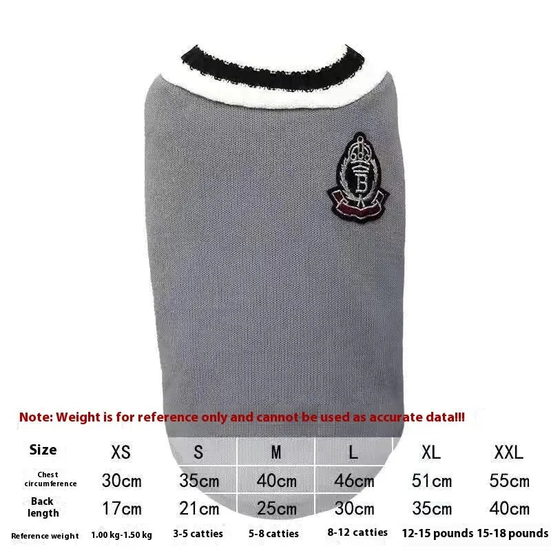 Silver gradient college style pet winter clothes shown in blue duck colour on size chart with weight ranges