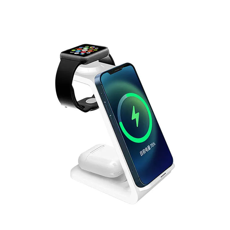 Black and white 3-in-1 upright wireless phone charger stand on a desk.