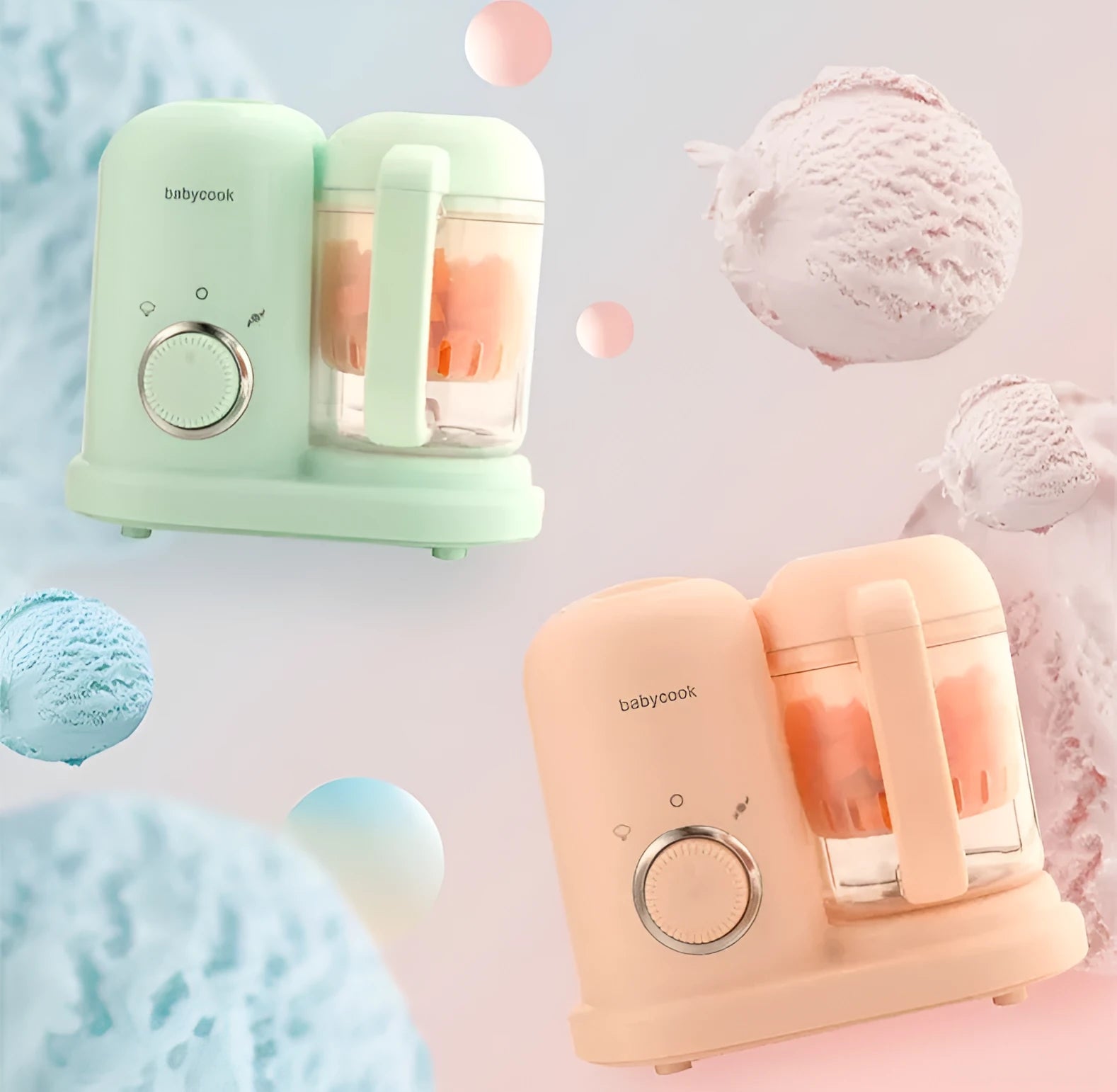 Baby food processor with steamer and blender functions in green or pink