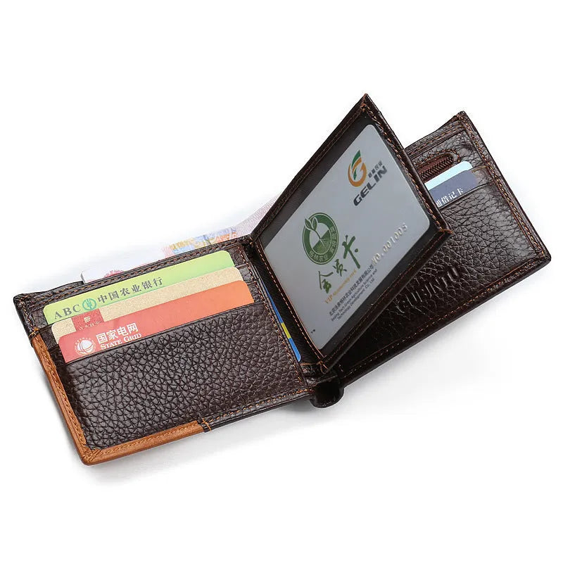 Cowhide leather men's wallet with contrast stitching, shown open to reveal card slots, bill holder, and a zipper compartment.