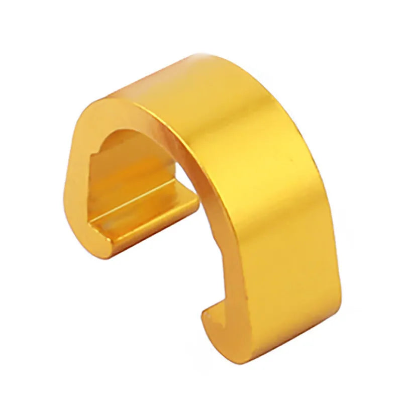 Ten small aluminium C-shaped buckles in assorted colours including black, blue, gold, and red.