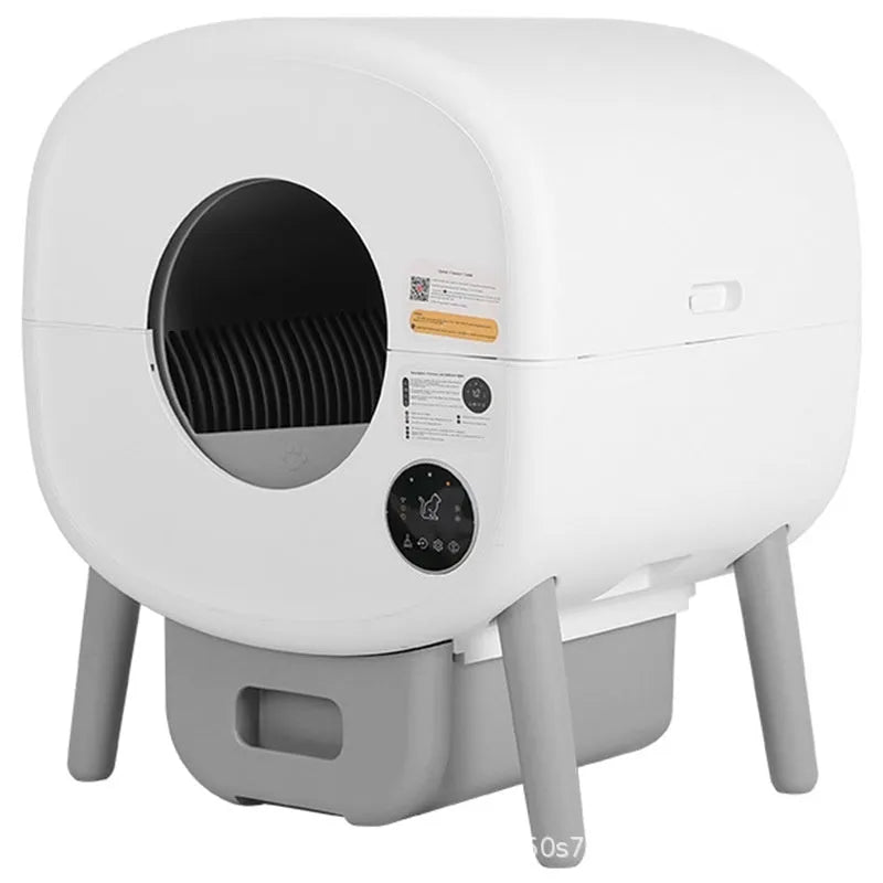 White intelligent automatic self-cleaning cat litter box with control panel on ABS plastic housing.
