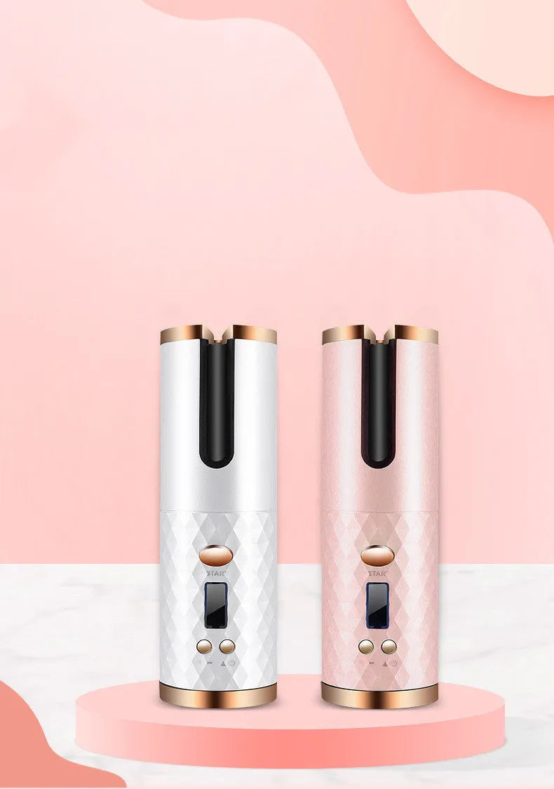 Rechargeable automatic hair curler in black with LCD display and rotating ceramic barrel
