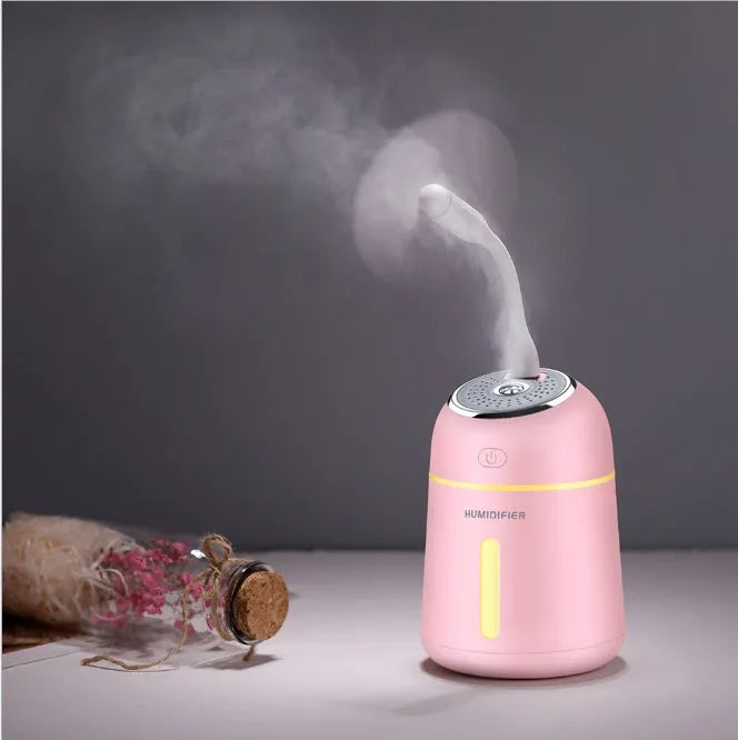 Mini ultrasonic USB humidifier 330ml in blue on desk with fan and LED light