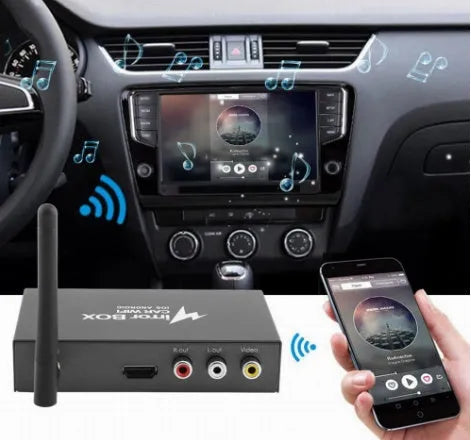 Black Car Mirror Link Box Wi-Fi converter with power cable, AV cable, antenna, and user manual