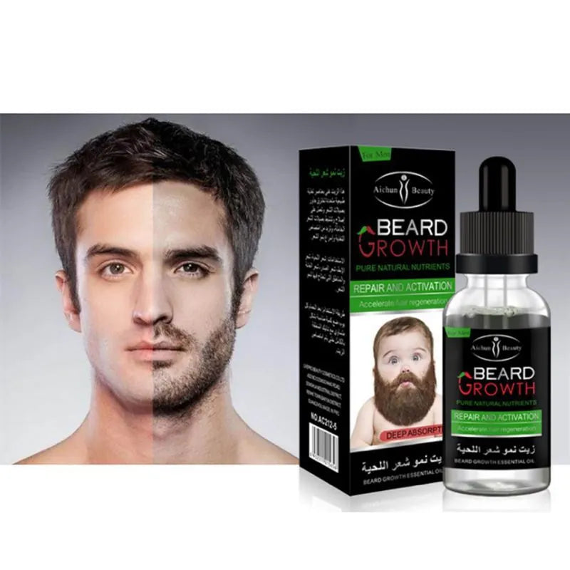 Natural beard growth essential oil bottle for men, moisturising conditioner and softener, all skin types