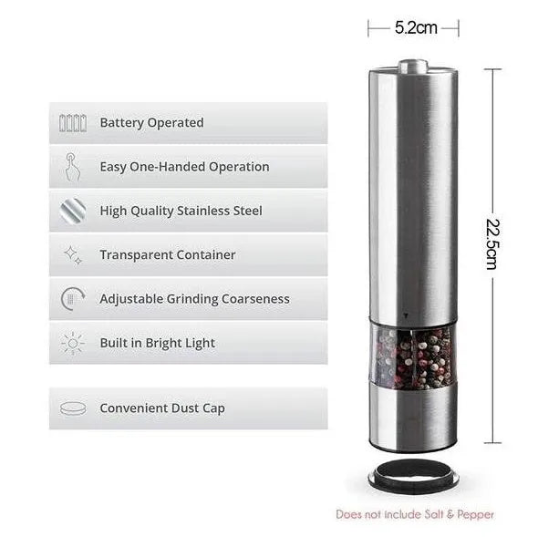 Stainless steel electric pepper grinder on a kitchen countertop