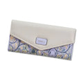 PU leather three-fold clip wallet with buckle closure in multiple colours showing interior compartments.