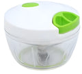 Green manual food chopper with three stainless steel blades and a 500ml plastic container.
